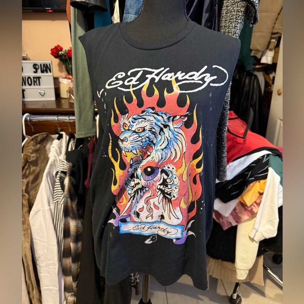Ed Hardy Black Tank with Dragon and Flames